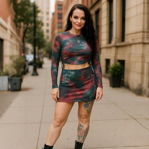 Clara Story Tie Dye Crop Top & Mini Skirt Set w/ Side Ruching – Size L NWT - Picture 1 of 4